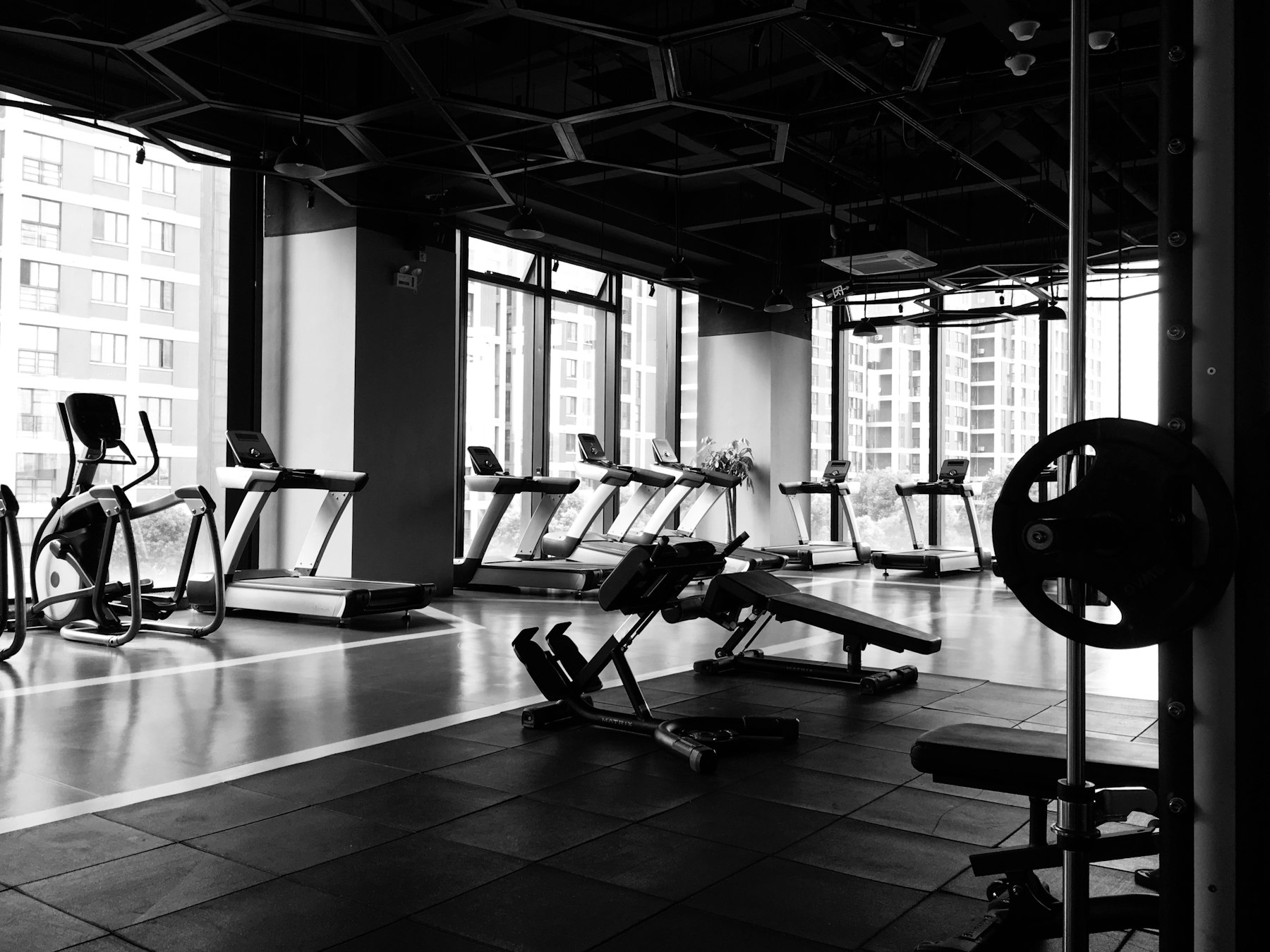 Treadmills and gym machines on a training floor